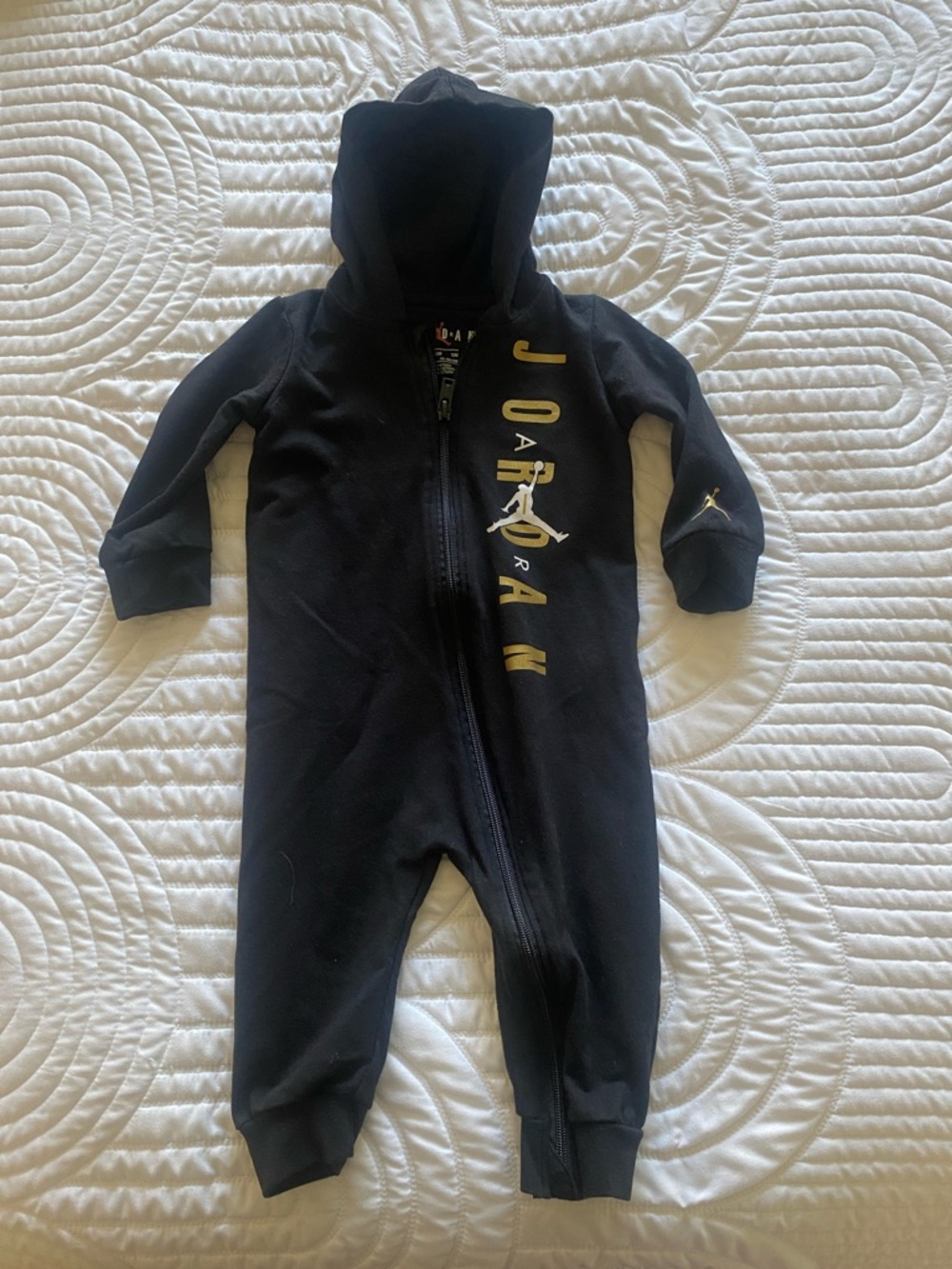 Jordan Black Hooded Baby One-Piece with Gold Logo